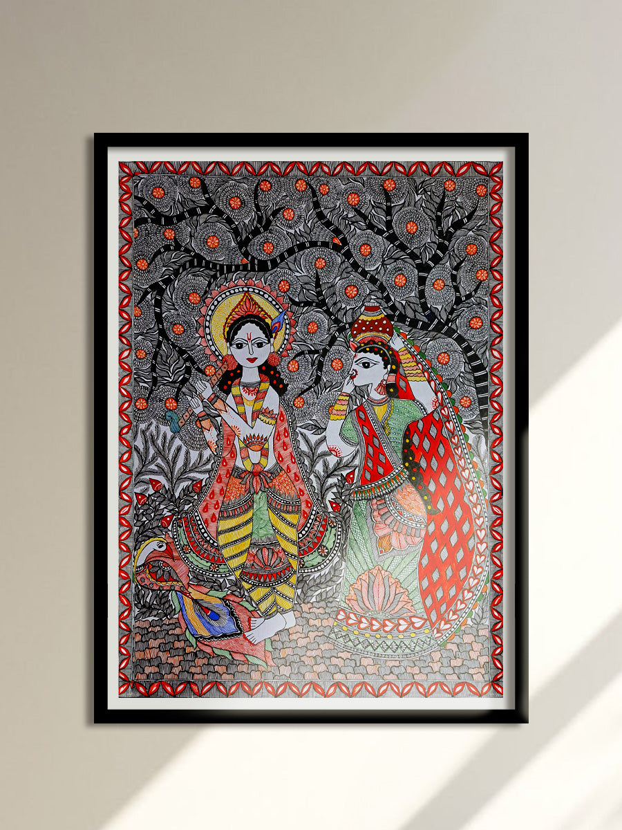 Lord Krishna with a woman under a tree: Madhubani by Vibhuti Nath for Sale