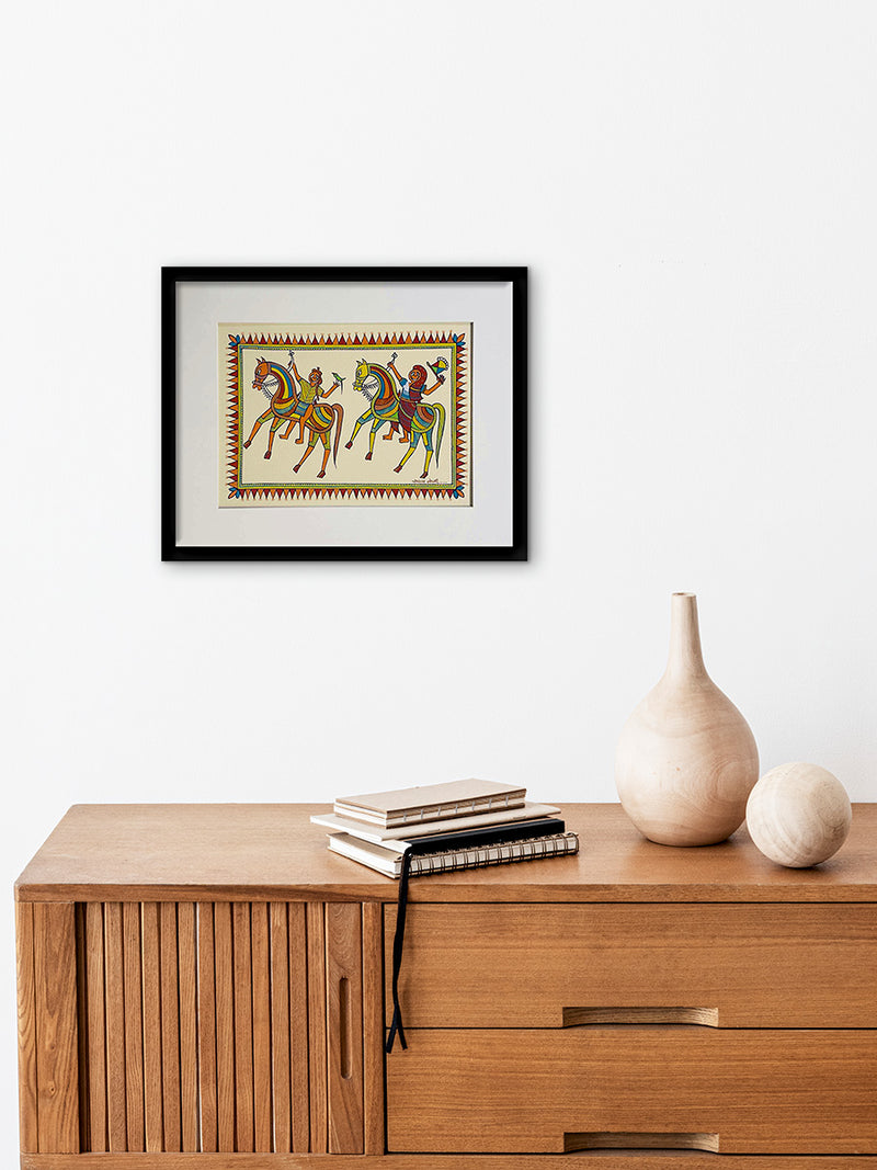 Baba Pithora and Pithora Rani Riding Horses in Pithora Art by Chanchal Soni for Sale