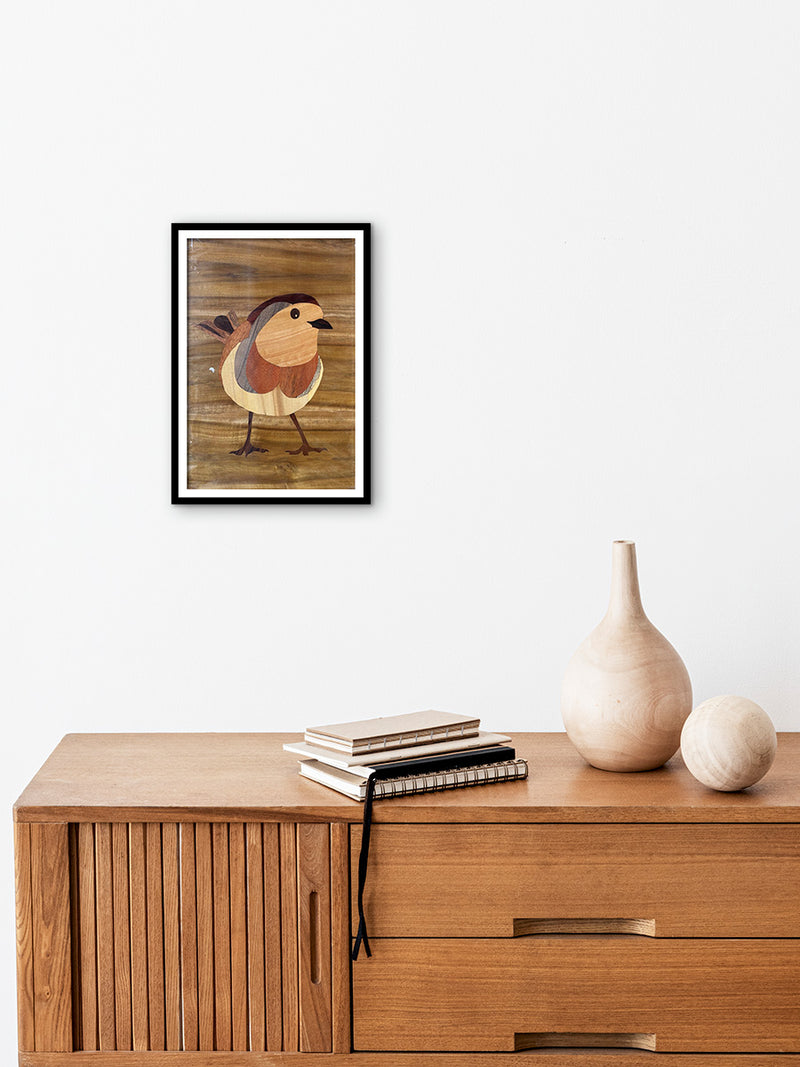 Dark brown belly sparrow in Wood Inlay by Mohan Kumar
