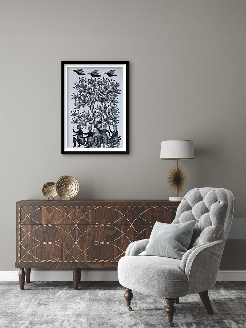 Monkey, Tree, and Bird – Gond Art by Saroj Venkat Shyam for sale