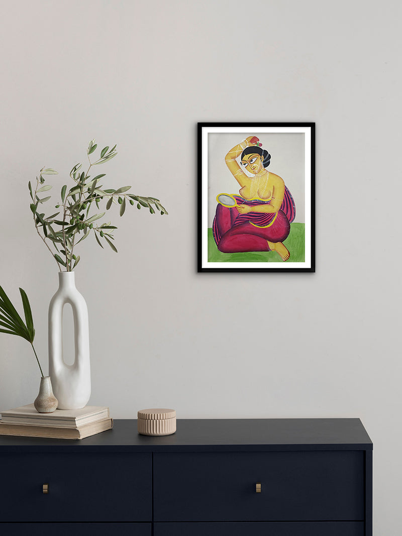 Woman admiring her beauty In Kalighat by Anwar Chitrakar painting 
