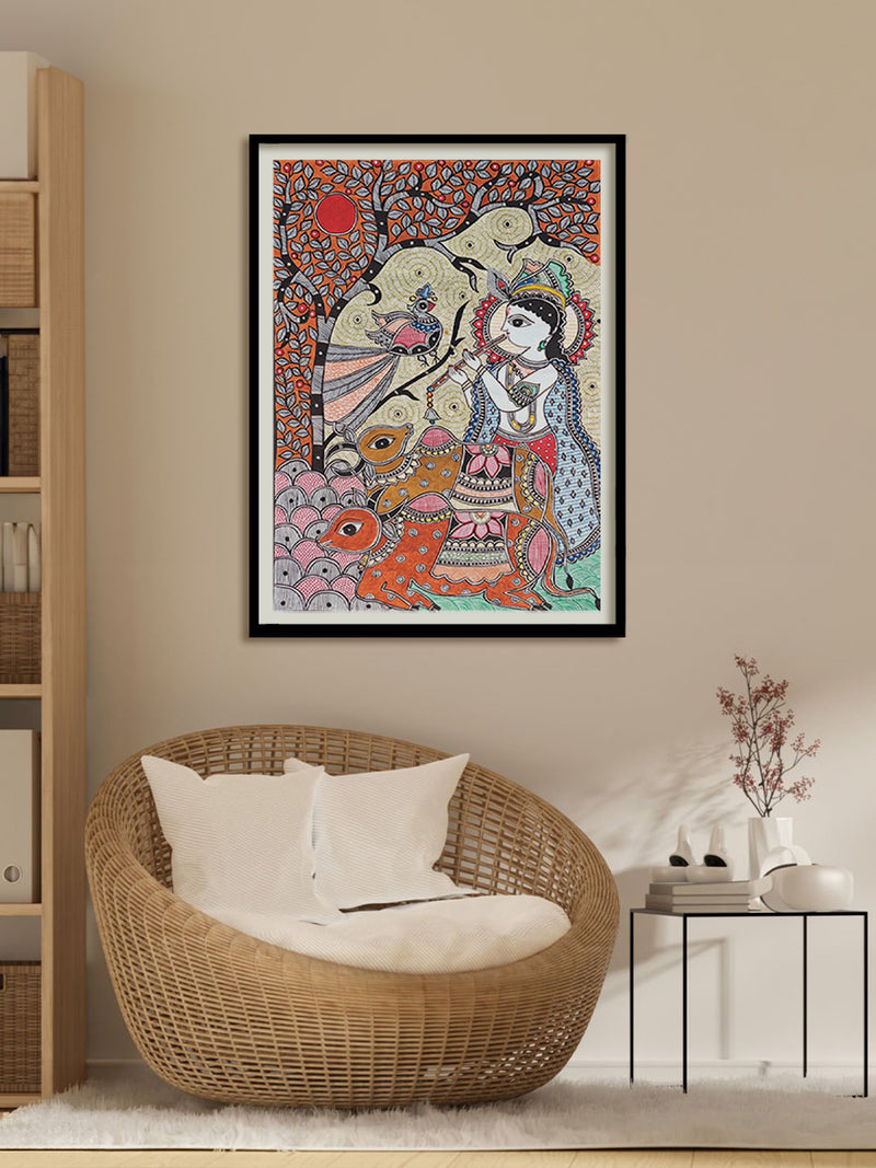 Shop for Representation of Lord Krishna with his flute: Madhubani by Vibhuti Nath
