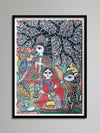 Buy Lord Krishna with his flute and a lady feeding a cow in Madhubani by Vibhuti Nath