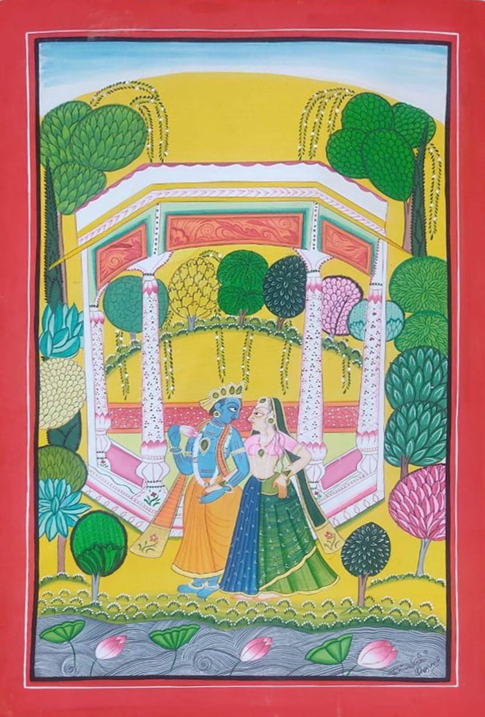 Lotus of Love: Enchanted Embrace Basohli Painting by Aastha Billowria  & Shivakshi Sharma