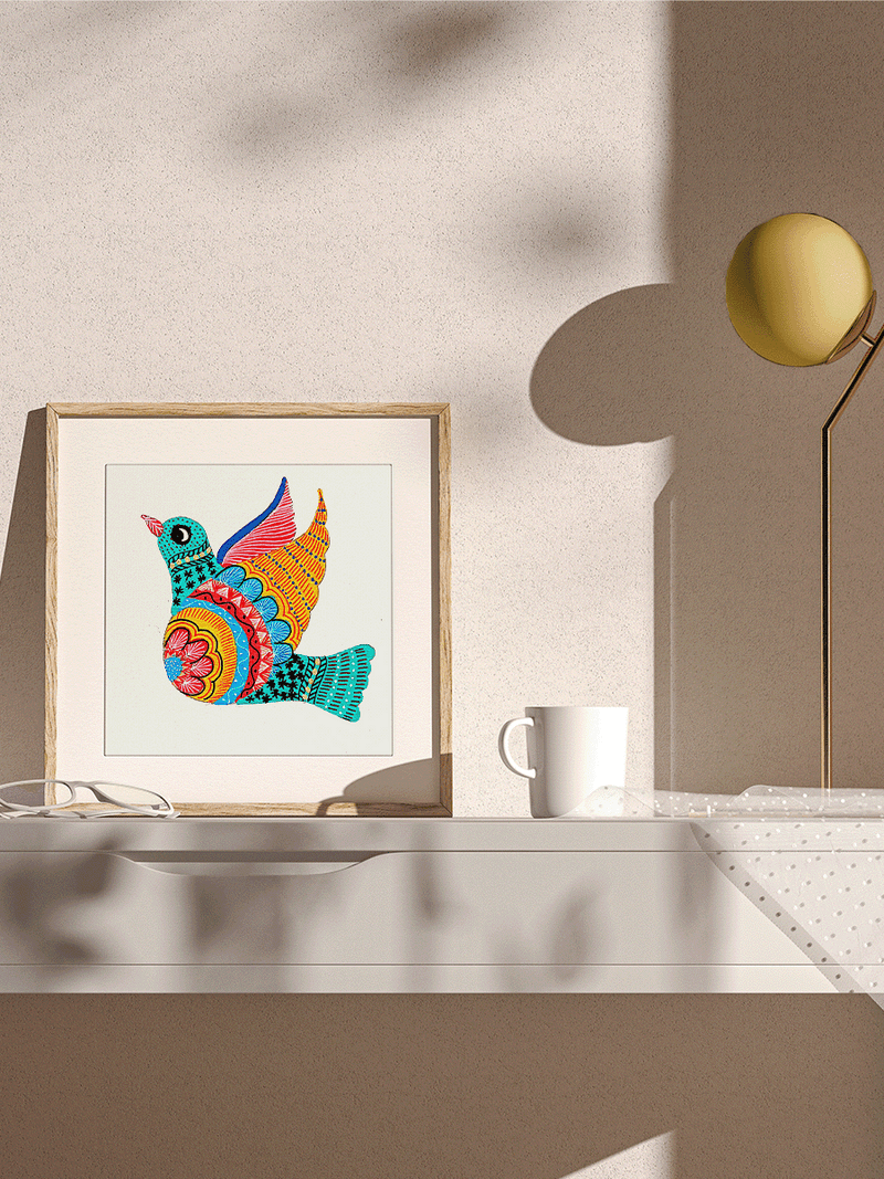 A Canvas in Motion: Bird in Gond by Kailash Pradhan for sale