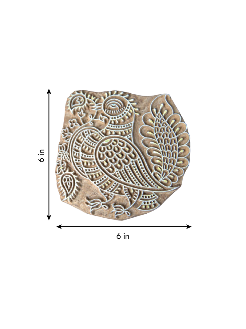 A Graceful Peacock with Foliage in Wooden Kalamkari Blocks by K. Gangadhar