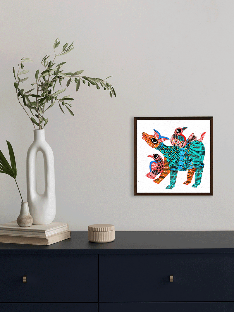 A Harmonious Ensemble: A Deer with Birds in Gond by Kailash Pradhan for sale