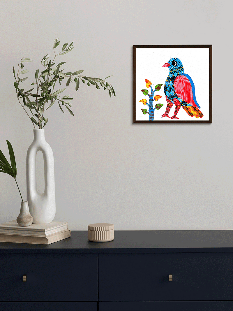 A Radiant Melody: Bird on a Branch in Gond by Kailash Pradhan for sale