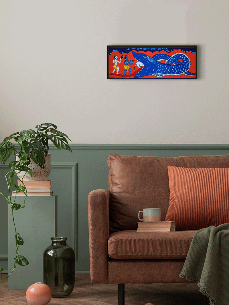 Aghasura Vadha Lila: Lord Krishna and Balarama in Manuscript Painting by Sujit Das for sale