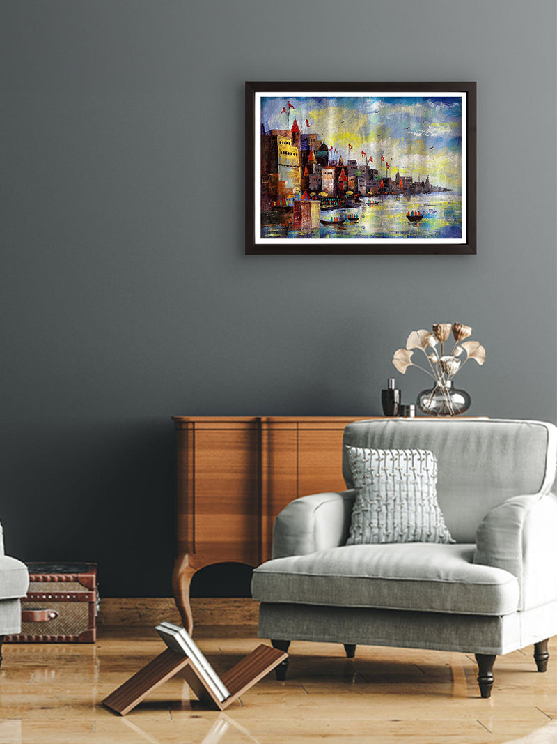 Devotional Divinity: Varanasi Ghat in Acrylic by Ashish Kumar Mishra for sale