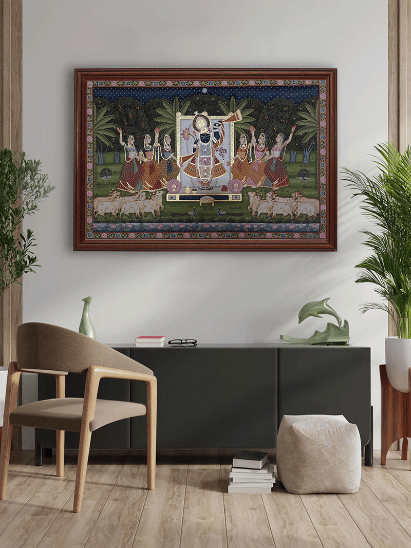 Devotional Night of Sharad Purnima: Shrinathji with Gopis in Pichwai by Shehzaad Ali Sherani for sale