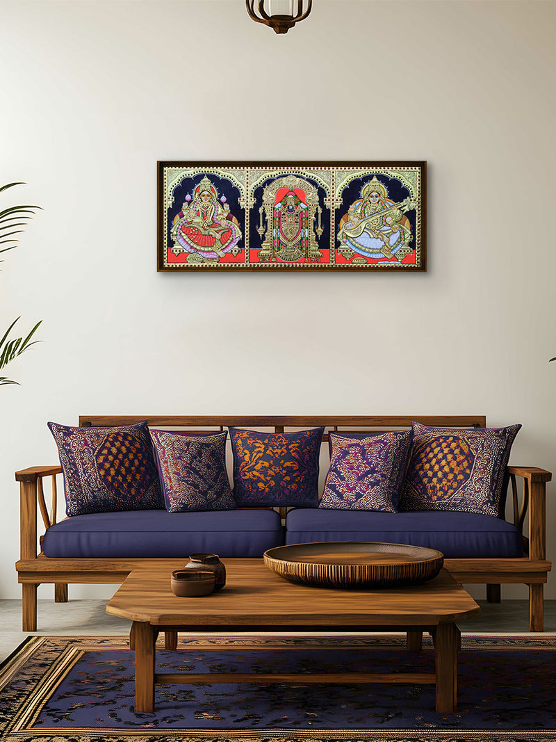 Divine Beauty: Lord Balaji, Goddess Lakshmi, and Goddess Saraswati in Tanjore Art by Sanjay Tandekar for sale