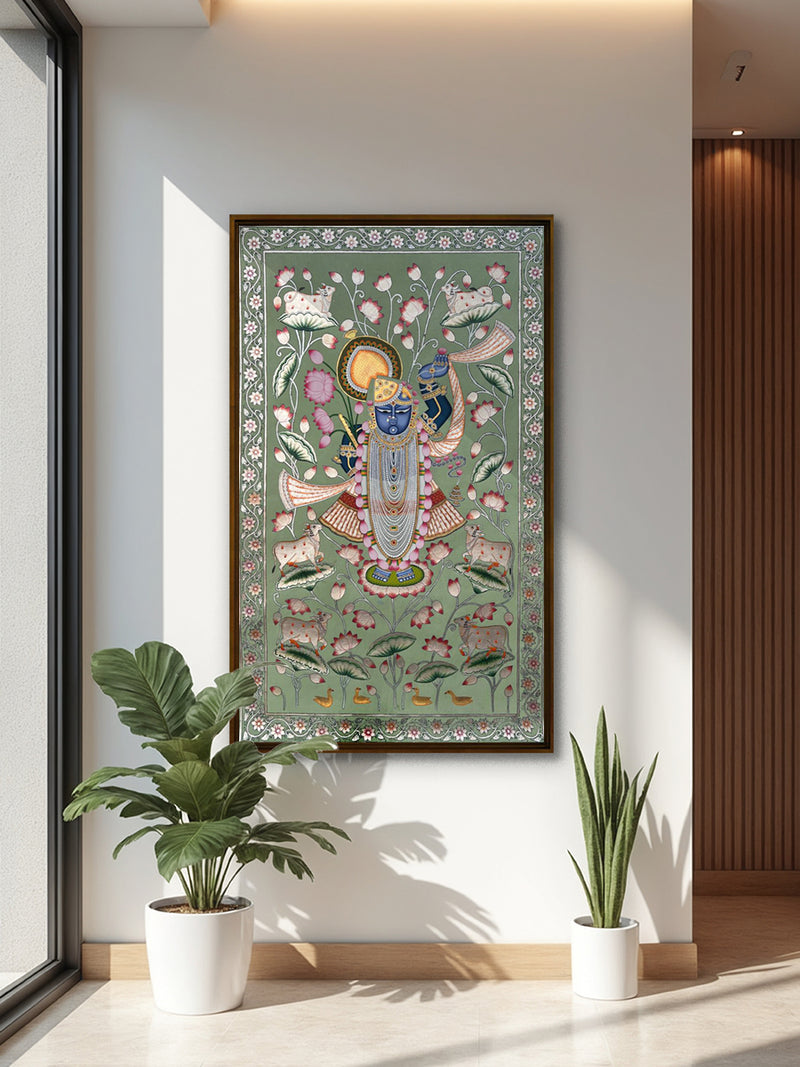 Divine Opulance: Shrinathji Amidst the Lotus Grove in Pichwai by Naveen Soni for sale