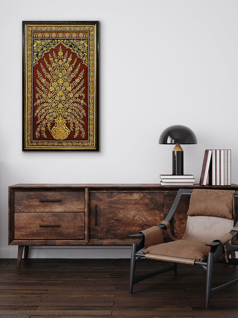 Eternal Bloom: Flowering Vase in Stone dust painting by Amita Sachdeva for sale