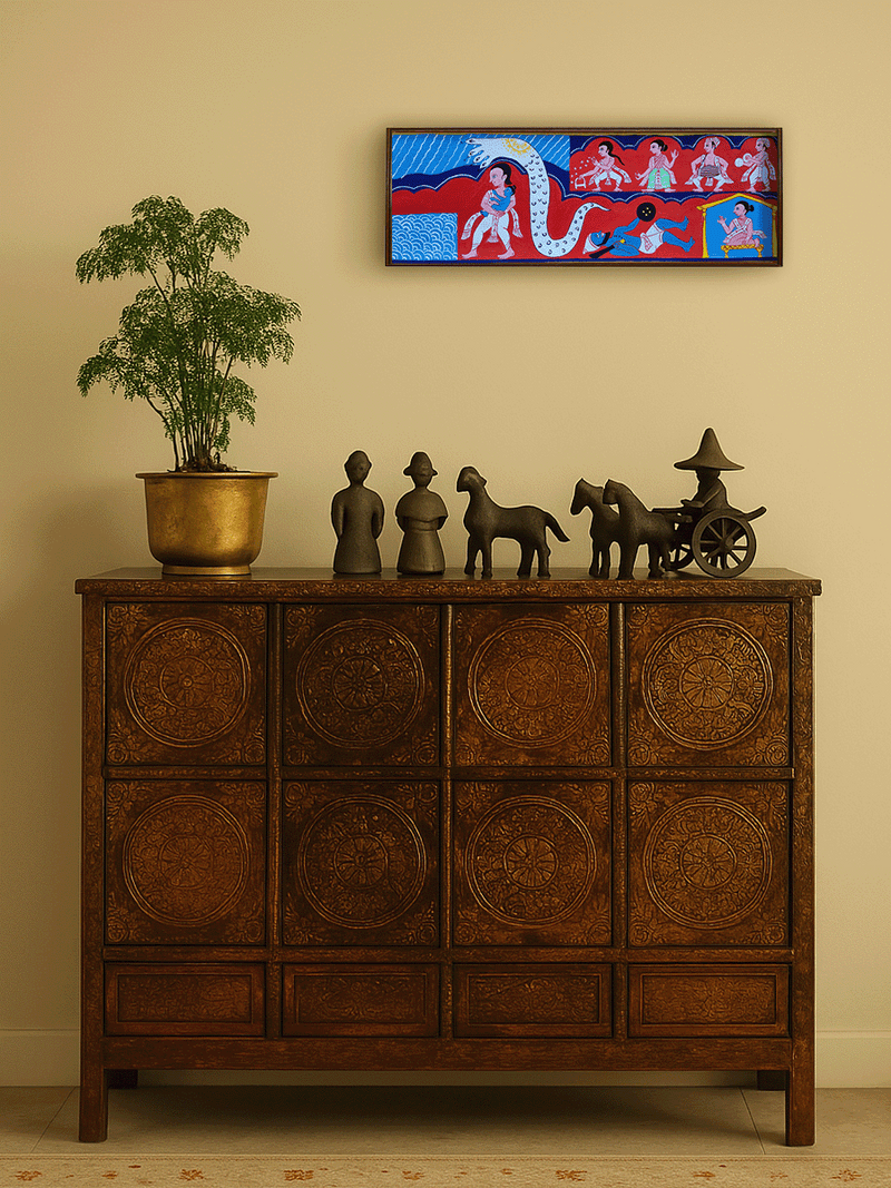 From Mathura to Gokul: Baby Krishna's journey with Vasudeva in Manuscript Painting by Sujit Das for sale