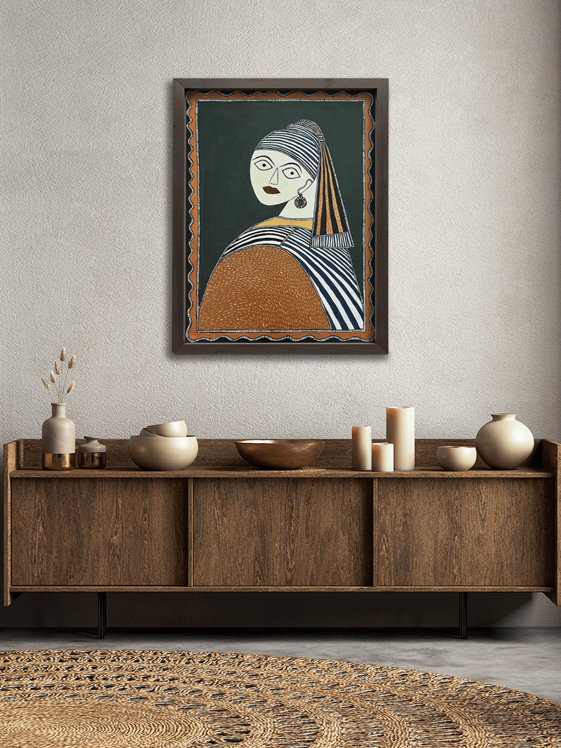 Girl with a Pearl Earring (Johannes Vermeer) in Madhubani by Izhar Ansari for sale