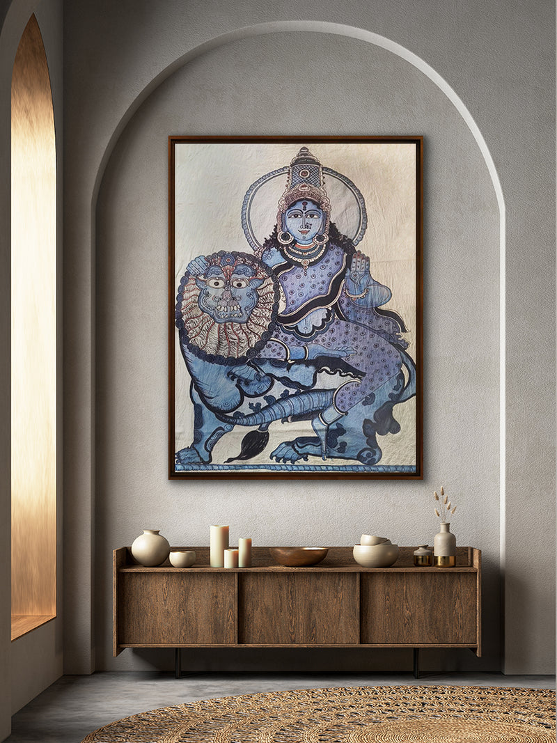 Goddess Durga with Lion: A Surreal Kalamkari by Kanukurthi Guna Sekhar Sai for sale