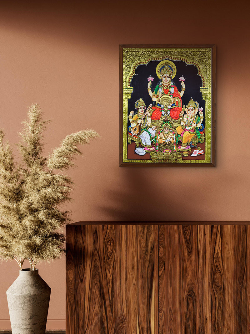 Goddess Lakshmi with Ganesha and Saraswati in Tanjore by Sanjay Tandekar for sale