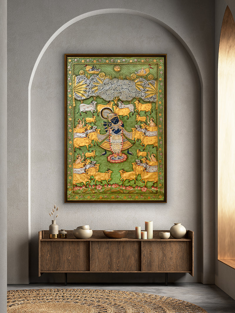 Gopala Leela: Shrinathji with Sacred Cows in Pichwai by Naveen Soni for sale