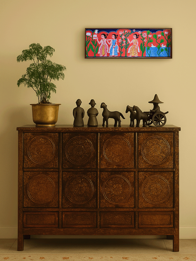 Gopis in the Lotus Grove in Manuscript Painting by Sujit Das for sale