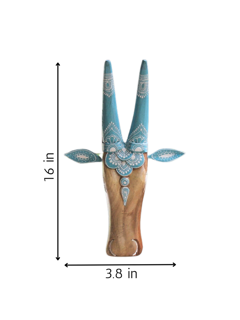 Hand Painted Teal Blue Wooden Cow Head - Blue