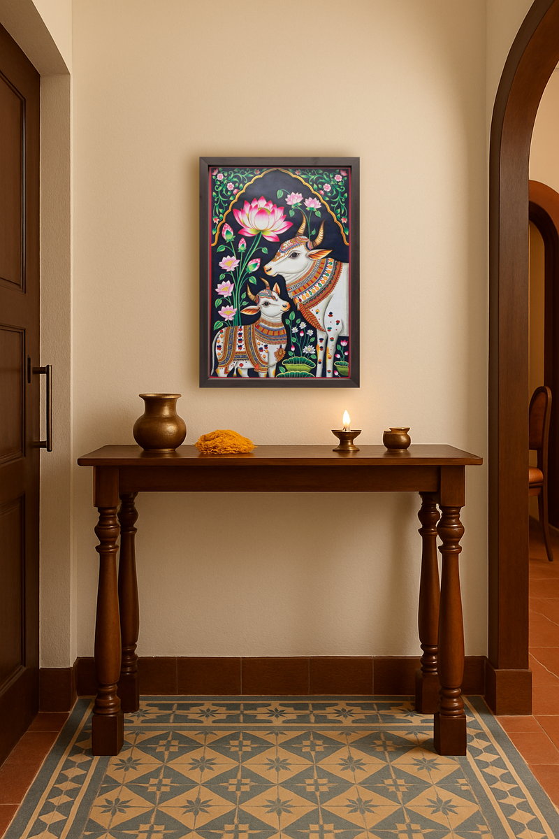 Krishna's companions: Cow and Calf in Pichwai painting by Shehzaad Ali Sherani for sale