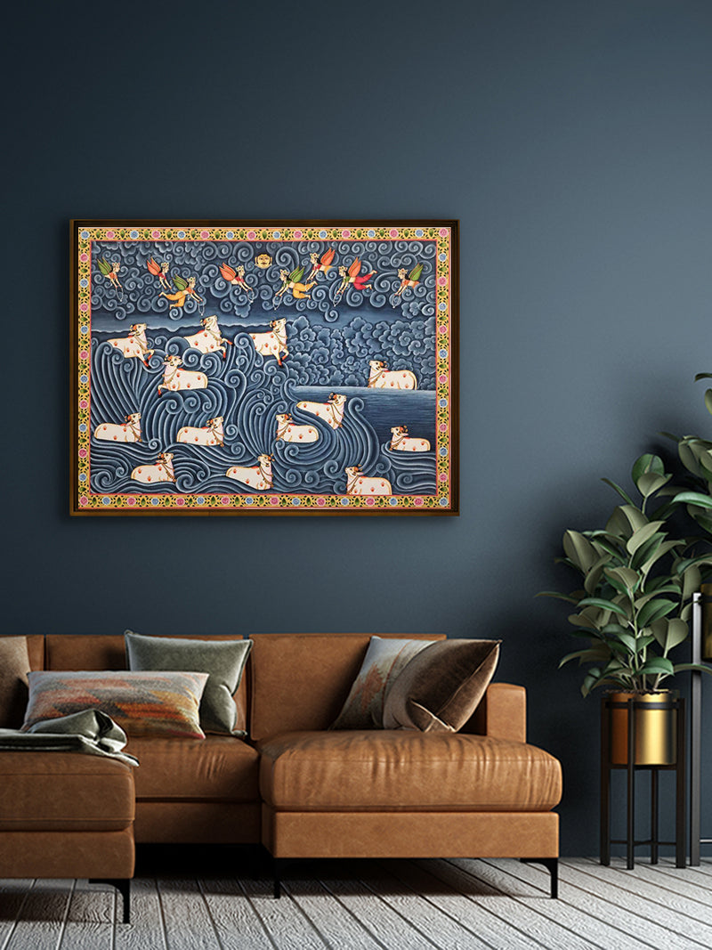 Krishna's companions: Cows in Pichwai by Shehzaad Ali Sherani for sale