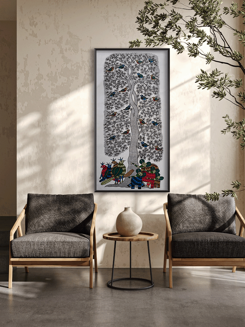 Life Under the Tree: Peacocks and Elephants in Gond Art by Choti Tekam for sale