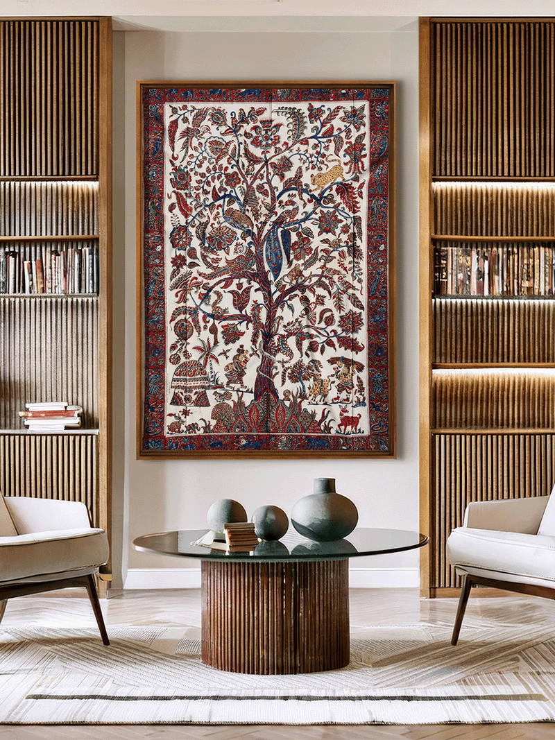 Life in Village: Lush Flora and Fauna in Machlipatnam Kalamkari by Varun Kumar Pitchuka for sale