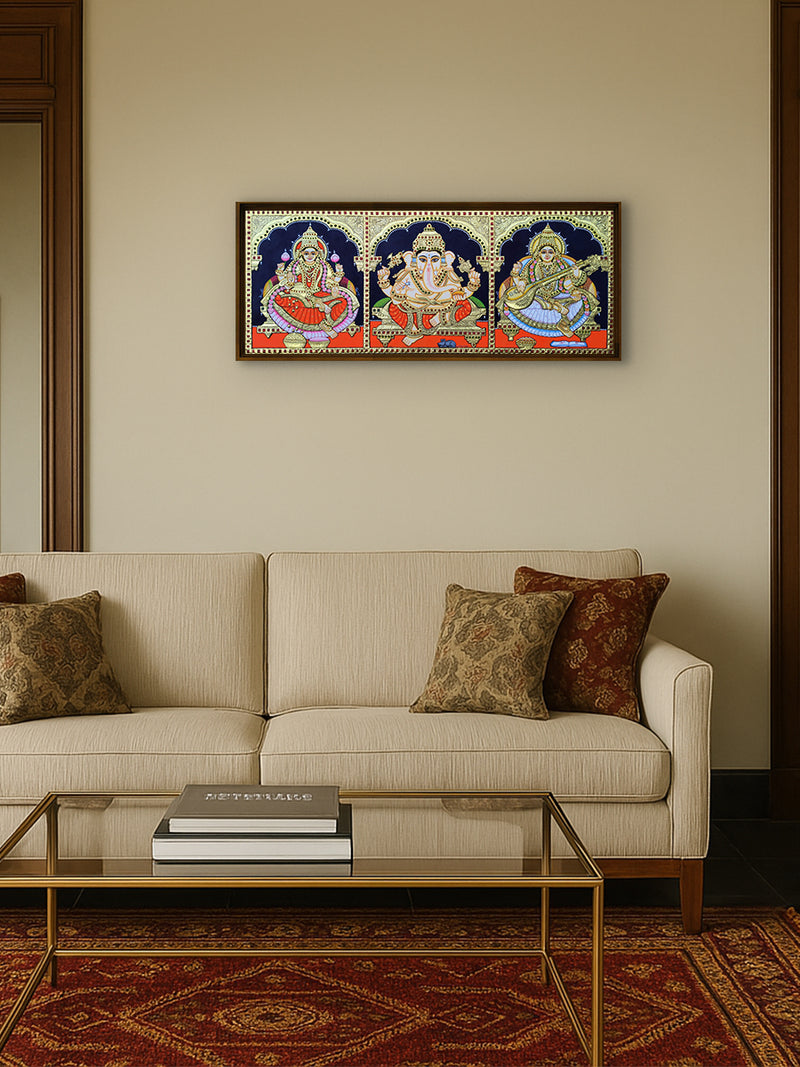 Lord Ganesha, Goddess Lakshmi and Goddess Saraswati: The Auspicious Trinity in Tanjore Art by Sanjay Tandekar for sale