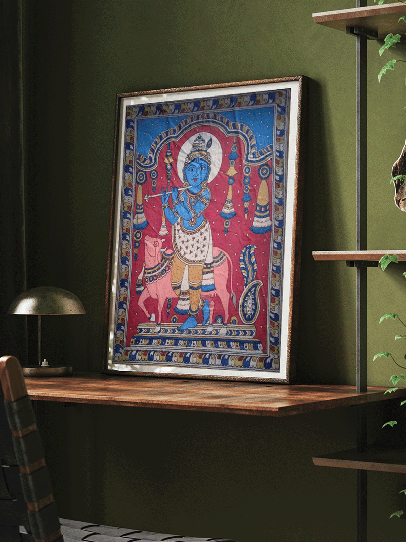 Lord Krishna and the Sacred Cow in Kalamkari by Siva Reddy for sale