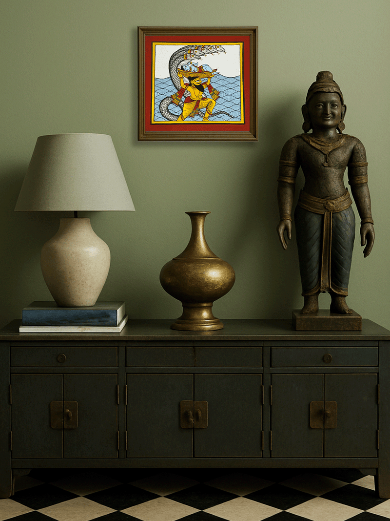 Lord Krishna's Journey: Vasudeva's Crossing of the Yamuna in Phad Painting by Kalyan Joshi for sale