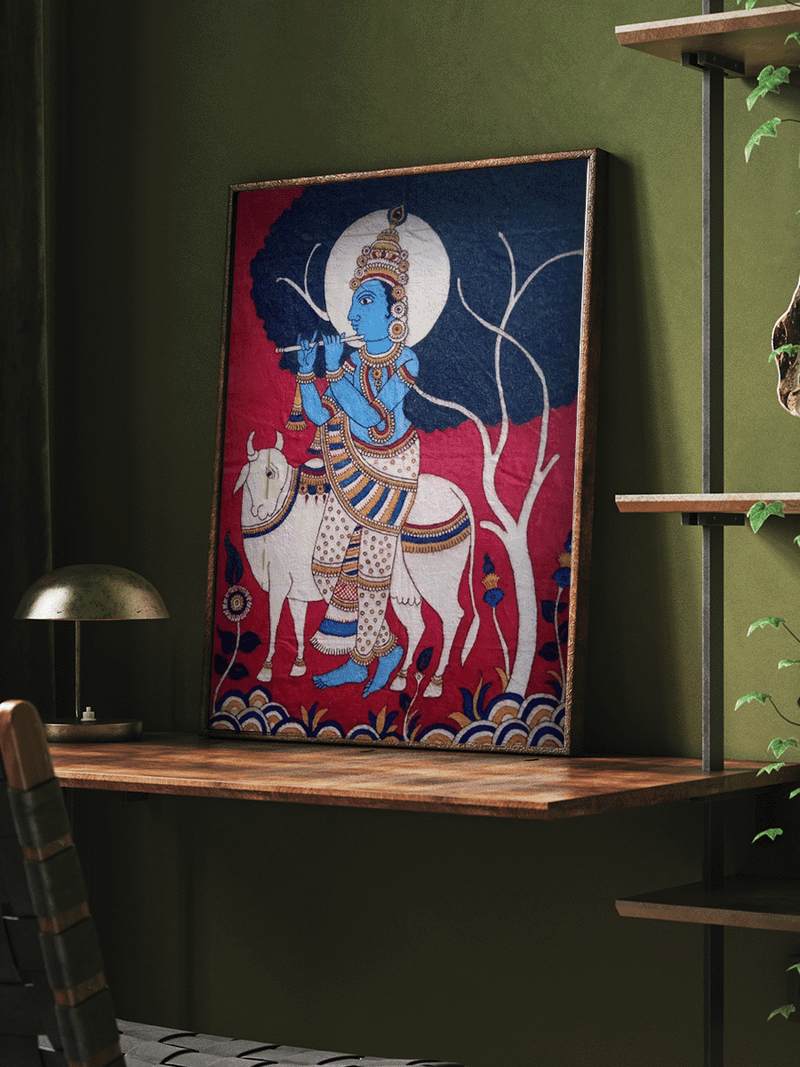 Lord Krishna with Sacred Cow in Kalamkari by Siva Reddy for sale