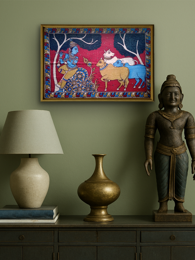 Lord Krishna with Sacred Cows in Kalamkari by Siva Reddy for sale