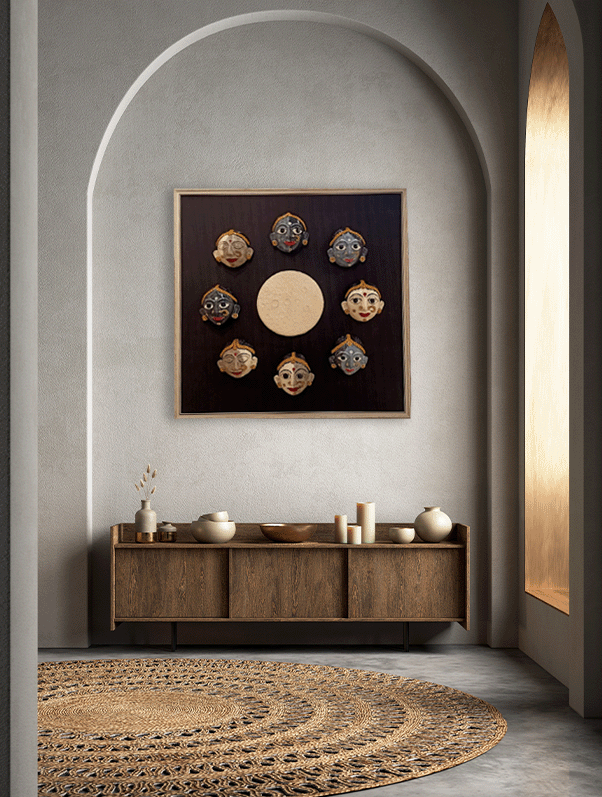 Lunar Masks in Cheriyal Scroll by Sai Kiran for sale