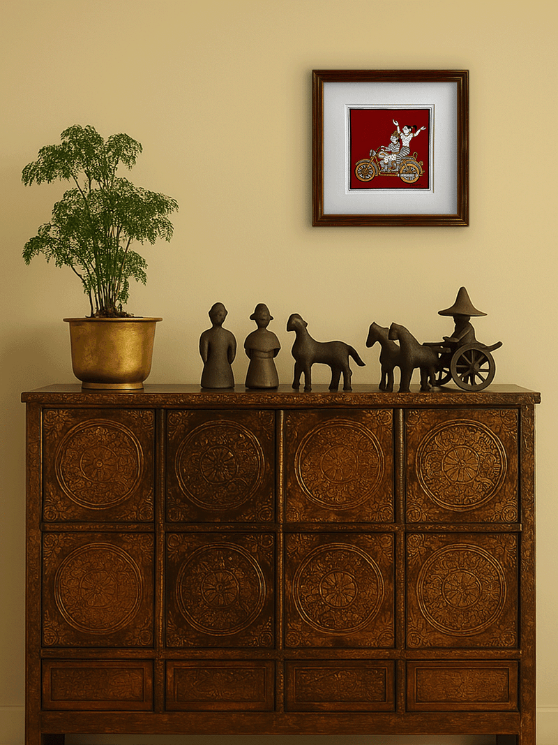  Modern Love: Lovers riding a Bike in Phad Painting by Kalyan Joshi for sale