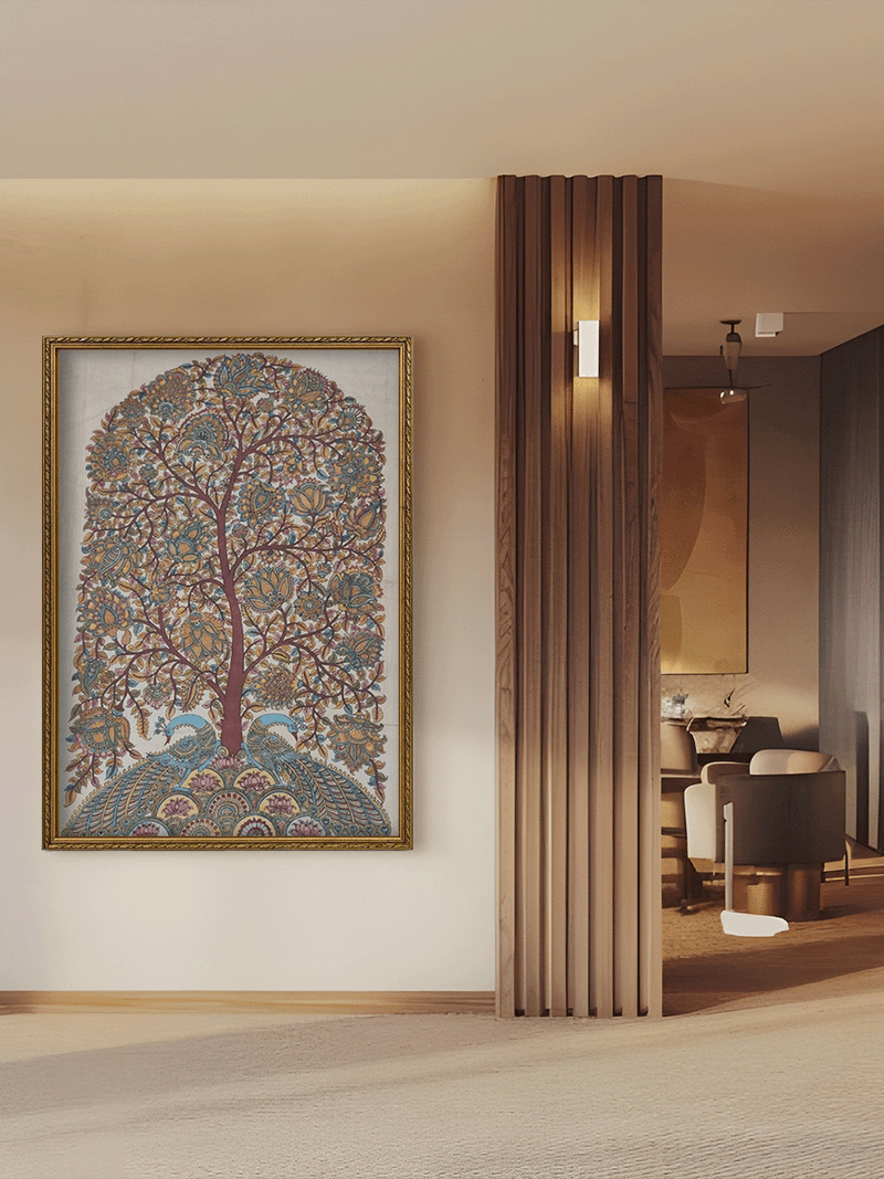 Nature's Abundance: Tree of Life with Peacocks in Kalamkari by Harinath N for sale