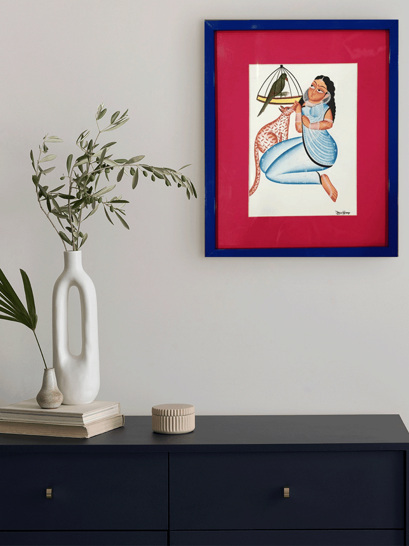 Nayika (Heroine) with Bird and Animal in Kalighat by Uttam Chitrakar for sale