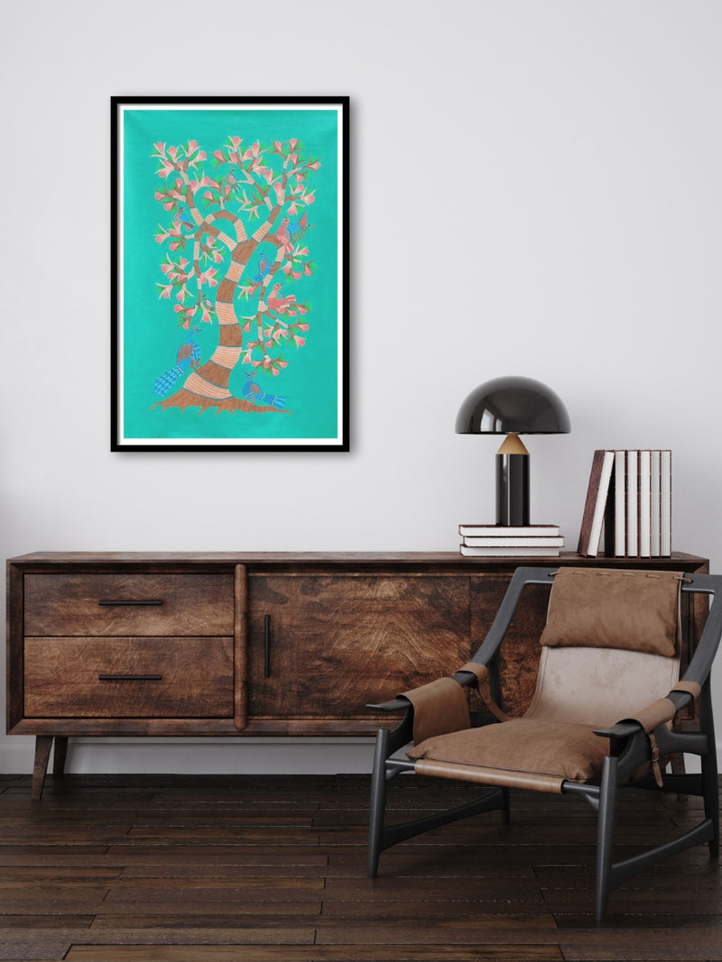 Peacock and Tree in Gond by Kailash Pradhan for sale