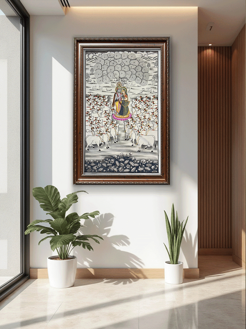 Radha Krishna in Vrindavan: Pichwai Painting by Naveen Soni for sale