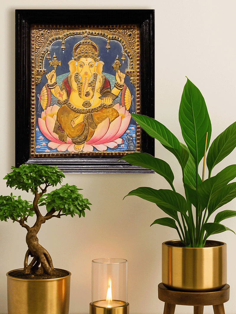 Remover of Obstacles: Lord Ganesha in Tanjore art by Sheratone Antique Arts for sale