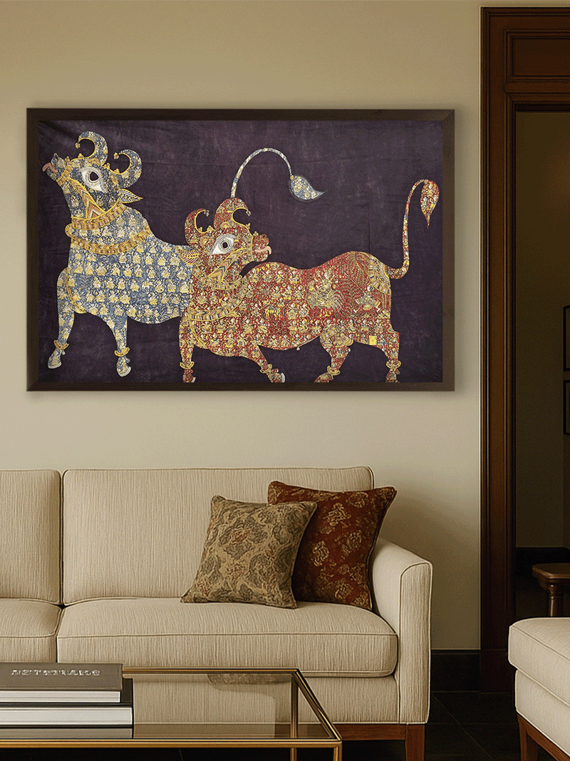 Sacred Dancing Buffaloes in Mata ni Pachedi by Vasant Manubhai Chittara  for sale