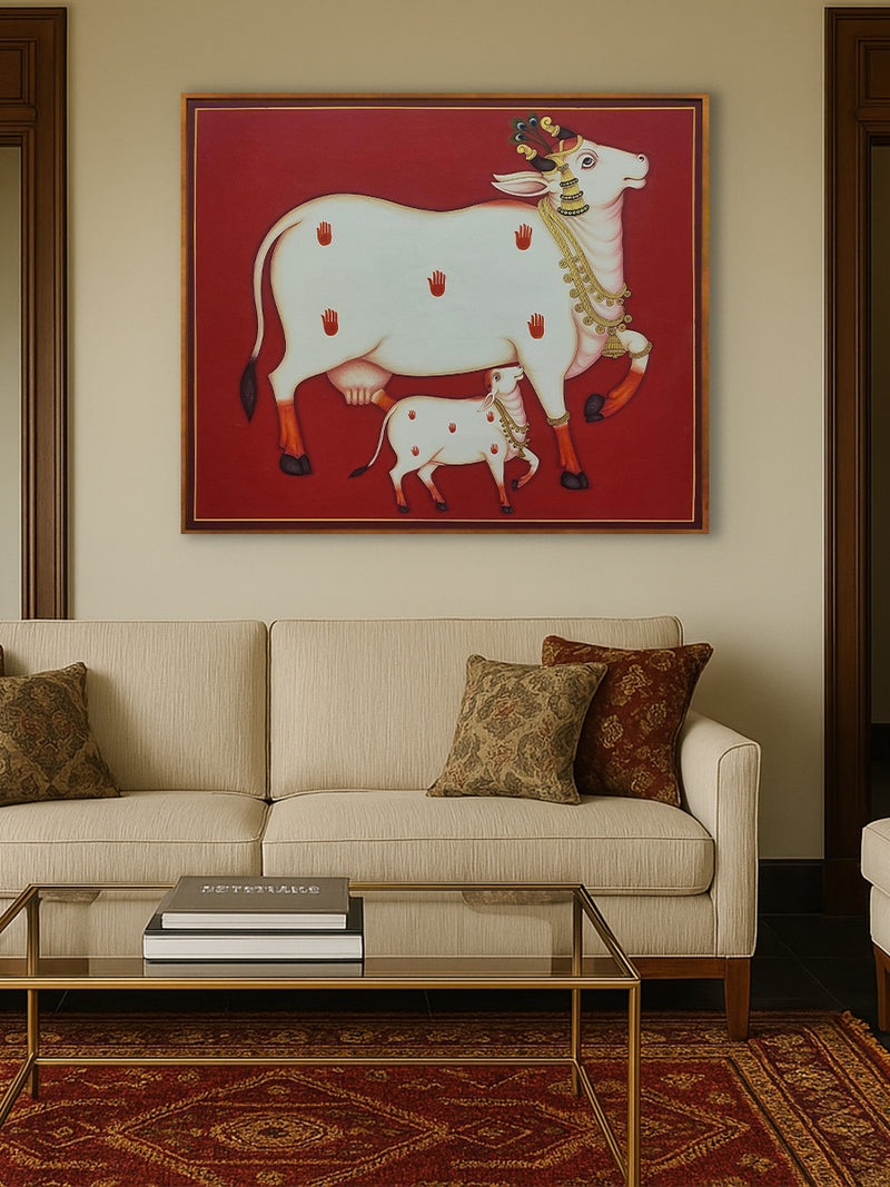 Selfless Love: Kamdhenu and Calf in Pichwai by Dinesh Soni for sale