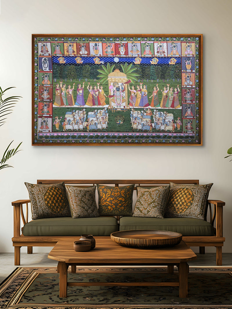 Sharad Purnima: Shrinathji's Cosmic Leela in Pichwai painting by Shehzaad Ali Sherani for sale