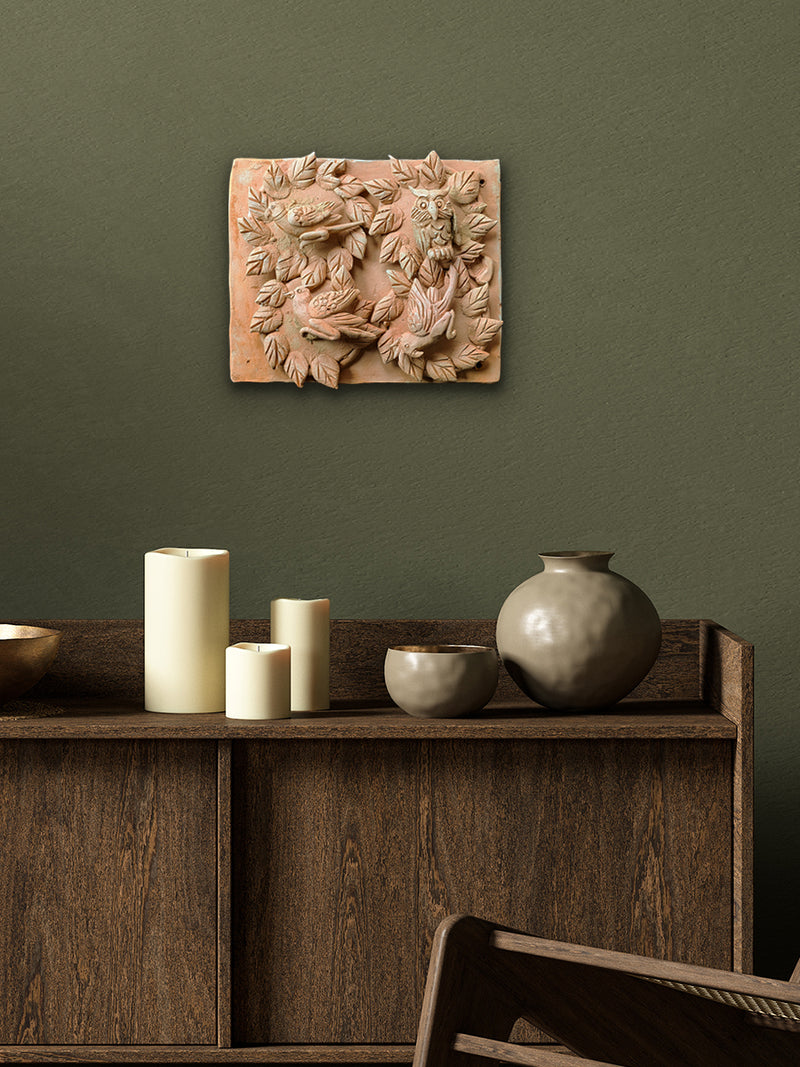 The Abode of Flight: Nesting Birds amidst Trees in Terracotta by Dolon Kundu for sale
