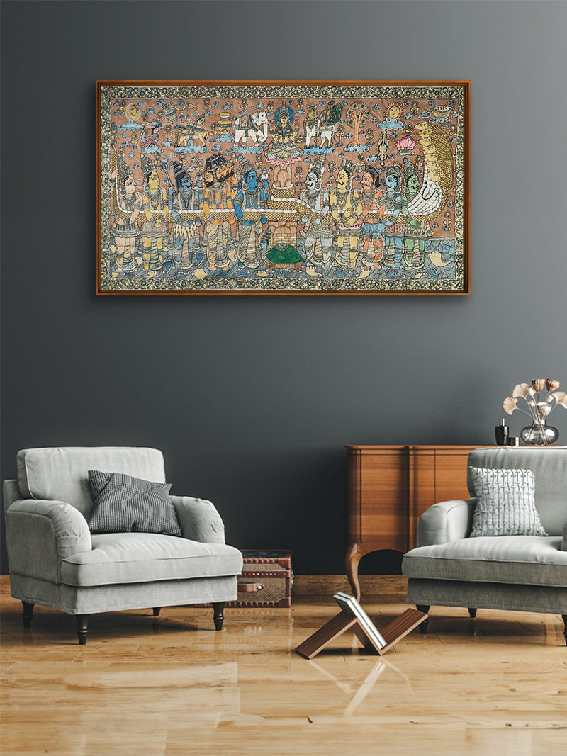 The Churning of the Cosmic Ocean: Ksheera Sagara Madhanam in Kalamkari by Harinath N for sale