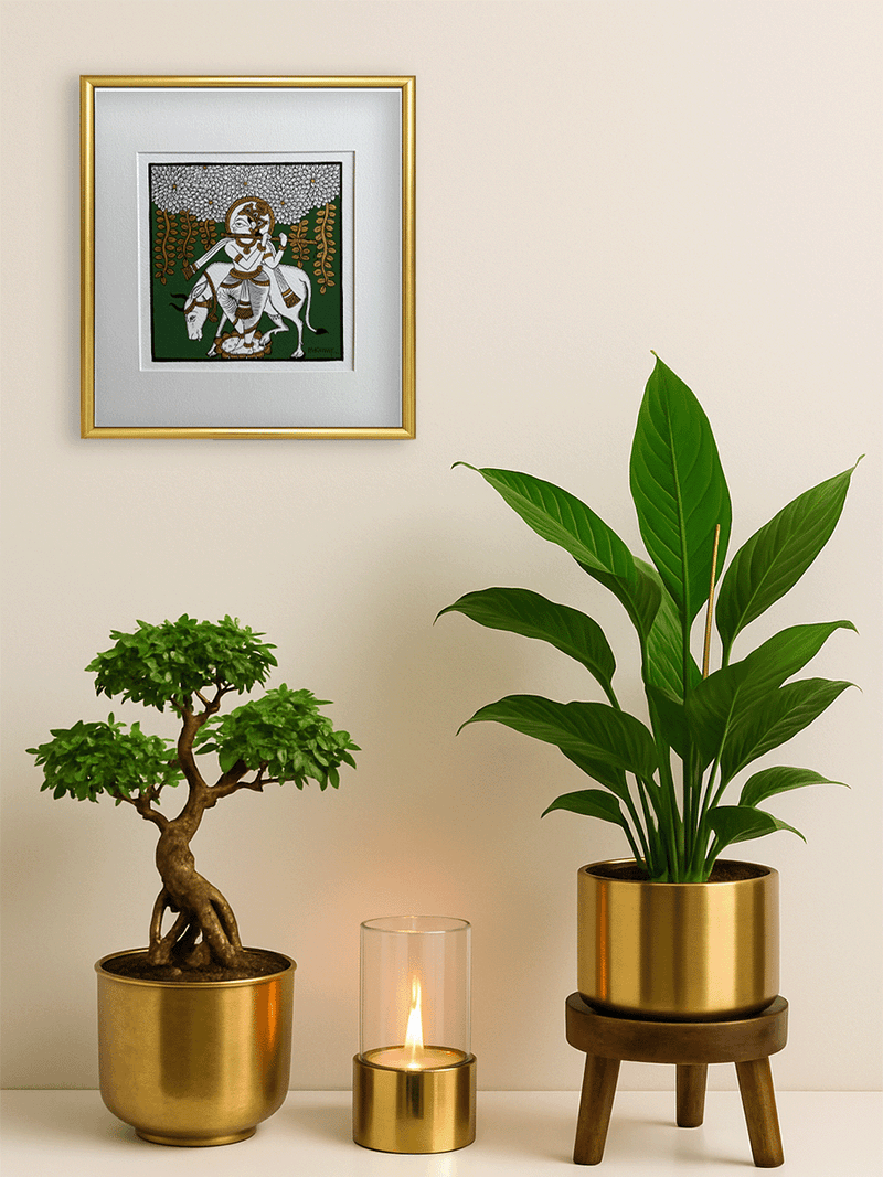 The Divine Cowherd: Lord Krishna with Sacred Cow in Phad Painting by Kalyan Joshi for sale