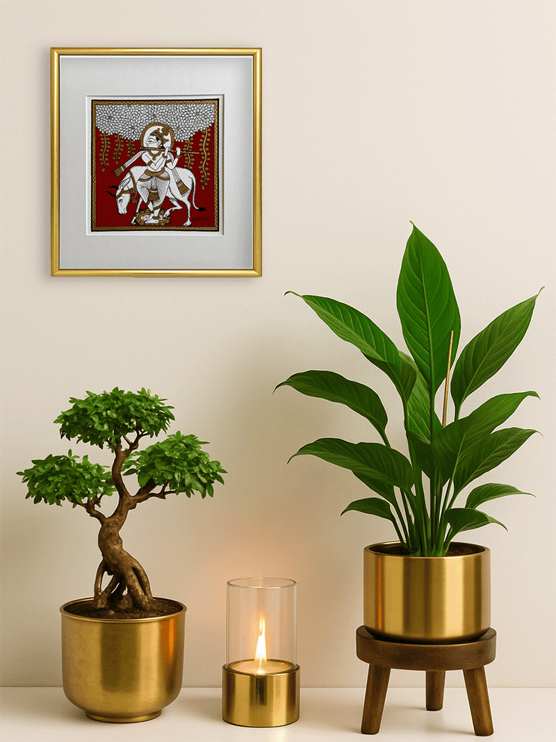 The Divine Flautist: Lord Krishna and the Sacred Cow in Phad Painting by Kalyan Joshi for sale
