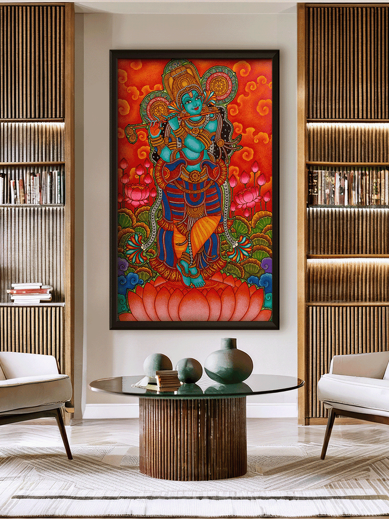 The Divine Flautist: Lord Krishna in Kerala Mural by Adarsh for sale