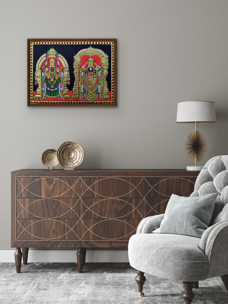 The Divine Pair: Lord Venkateswara and Goddess Padmavati in Tanjore Art by Sanjay Tandekar for sale
